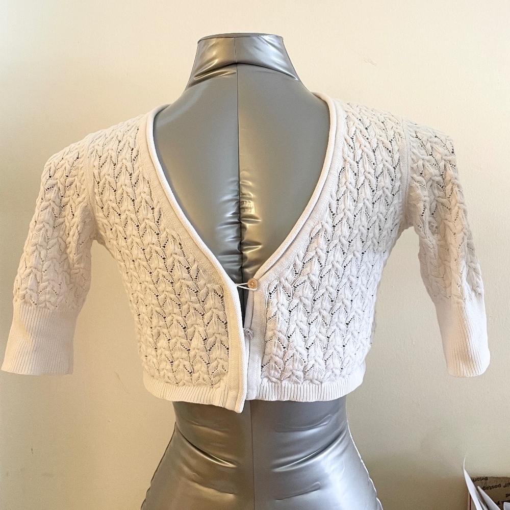 White Calvin Klein crop Cardigan, open knit/crochet Half sleeve, small /petite